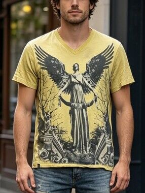 Y2K Marc Ecko Yellow Graphic Angel Wings T-Shirt Size S Men's Cotton V-Neck Tee